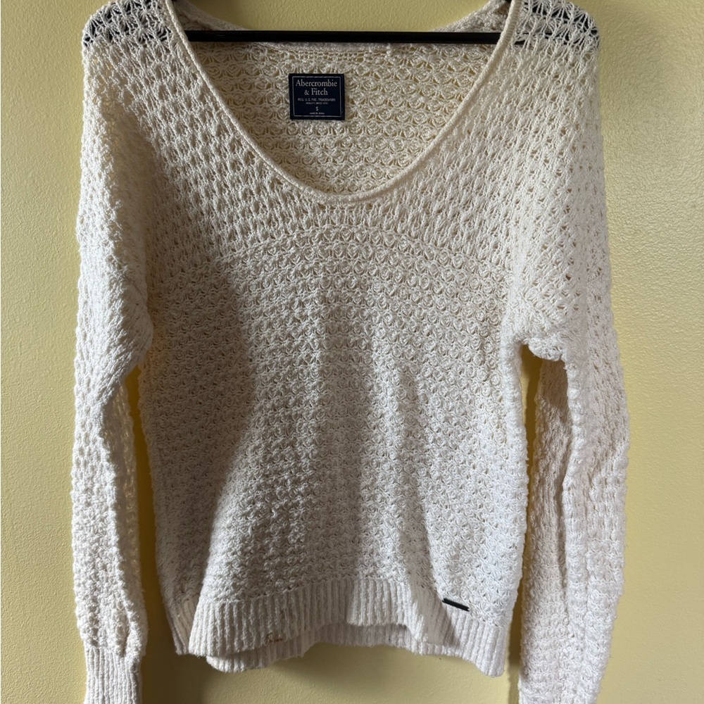 Abercrombie & Fitch Cream Open-Weave V-Neck Sweater